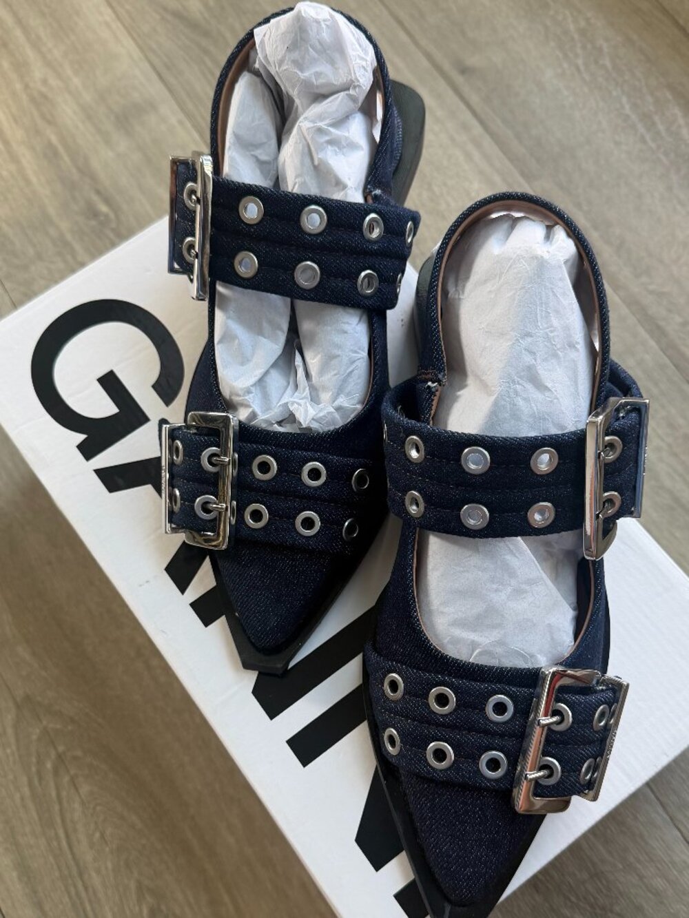 GANNI Women's Feminine Buckle Ballerina Denim Flat Size 37